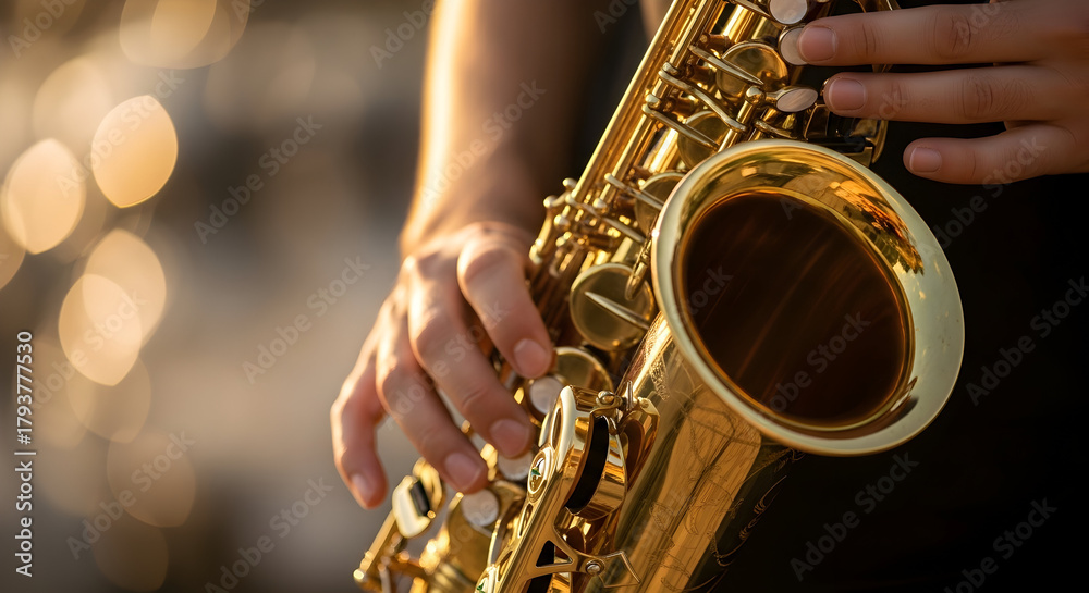 Obraz premium Close-up of a musicians hands playing a golden saxophone outdoors with bokeh lights.