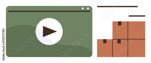 Green video player screen with play button alongside stacked brown cardboard boxes. Ideal for e-commerce, logistics, tutorial, online learning, supply chain, packaging, digital education. Simple flat