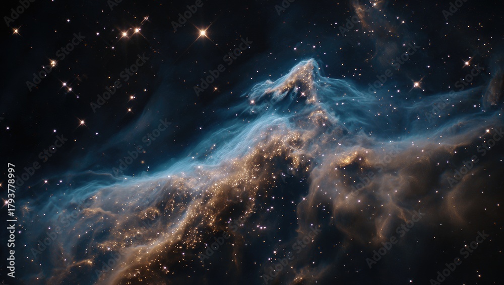 Fototapeta premium A cosmic landscape of swirling nebulae in teal and gold hues, punctuated by bright stars scattered across a dark, deep space background. The nebulae resemble ethereal clouds or mountains