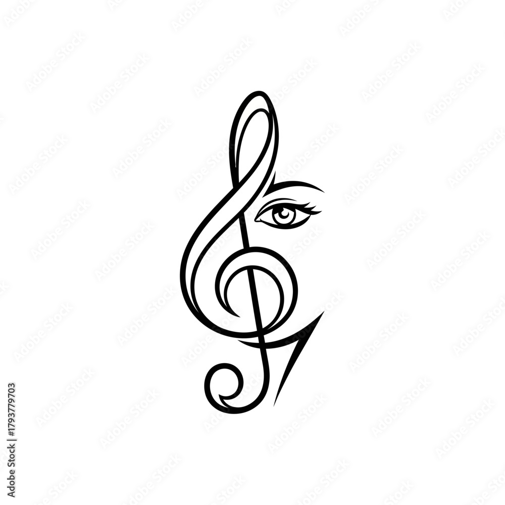 Fototapeta premium Stylized treble clef with an eye incorporated into the design, black on white.