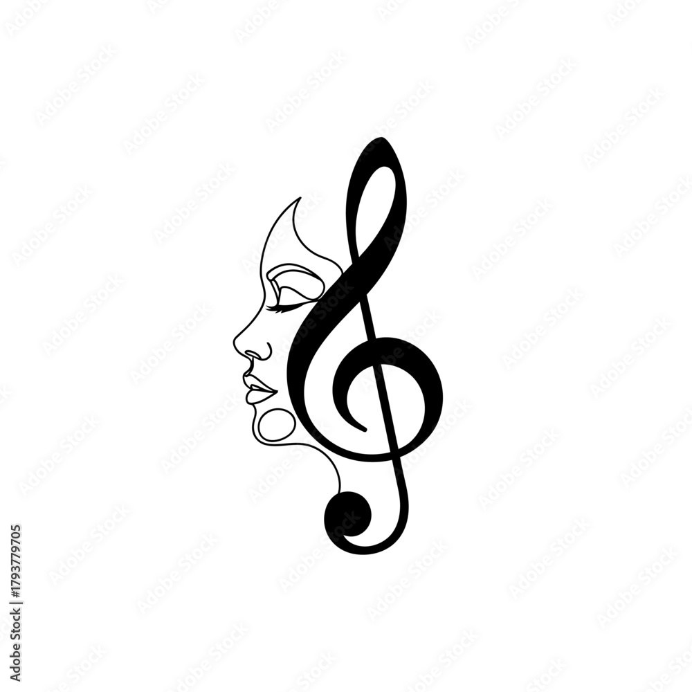 Fototapeta premium Elegant black and white line art of a woman's face integrated with a musical treble clef.
