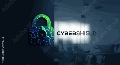 Cybersecurity vector graphic with a circuit board padlock and anonymous hacker symbol, representing digital defense and online privacy