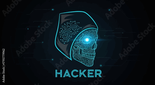 Cyber Security Hacker Skull with Glowing Eye and Circuitry - Digital Threat Concept