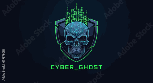 Vibrant green binary code streams from a menacing skull encased in a futuristic shield, an icon symbolizing advanced digital protection and cyber defense strategy