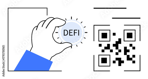 Hand holding DeFi coin beside QR code, highlighting digital finance tools. Ideal for blockchain, DeFi, fintech, crypto transactions, QR payments, digital economy modern banking. Simple flat metaphor