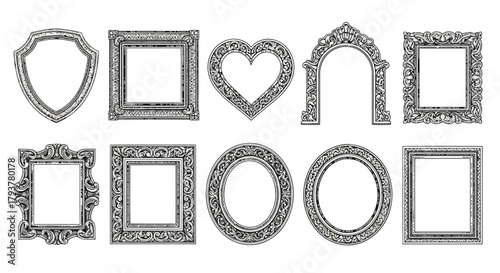 Collection of ornate picture frames in various shapes and designs