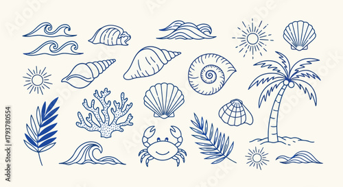 Handdrawn tropical beach elements including seashells, waves, sun, and palm trees in blue outline style