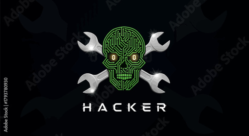 Intricate cyber skull logo with glowing eyes and a complex circuit board pattern, crossed wrenches symbolizing digital security, technology, and advanced cyber operations