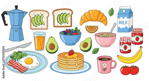 Colorful assortment of breakfast foods including toast, avocado, eggs, and milk on table