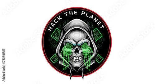 Cybersecurity Hacker Skull with Glowing Green Eyes Symbolizing Hacking and Digital Security