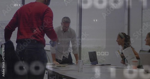 Boardroom team checking docs entrant placing binder planning business under green overlay obscuring