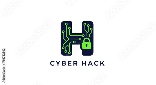 Cyber Security H Logo with Padlock and Circuit Board Design Representing Digital Protection and Network Safety