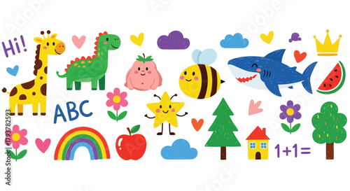 Colorful educational stickers with alphabet, numbers, animals, and objects for kids learning