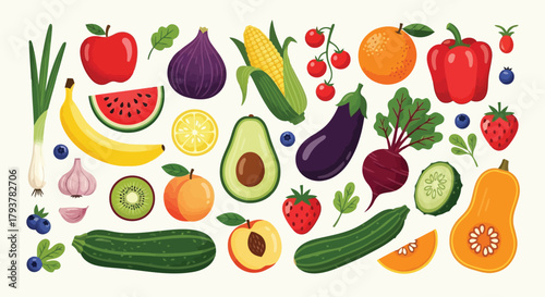 Assorted fresh fruits and vegetables illustrated in bright colors