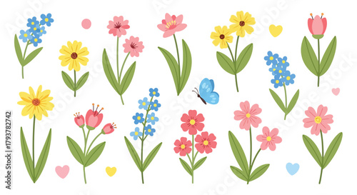 Colorful handdrawn flowers and butterflies with hearts, stars, and leaves in flat design style