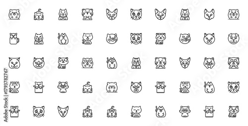 Cat avatars icon set. Vector illustration. Includes xpressions like happy, slepy, sad, angry, love, annoed, excited, relaxed and mre. Cute cat characters wih chubby, fold ear styles.
