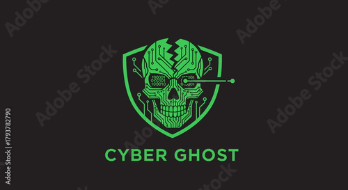Cyber Ghost Logo A Digital Skull Icon in Green with Circuitry Design and Bold Text on Black