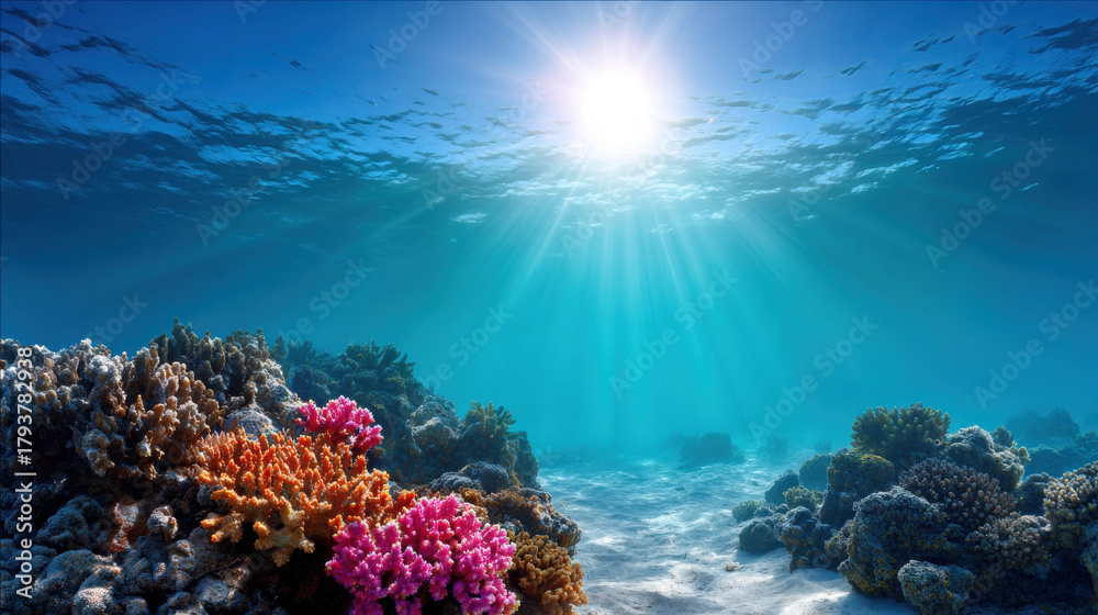 Fototapeta premium Vibrant Coral Reef Teeming with Colorful Marine Life Illuminated by Sunbeams in Underwater Paradise