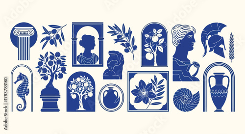 Collection of blue and white ancient greek and roman themed icons and patterns