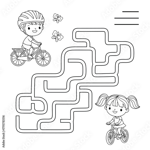 Black and white maze puzzle with children riding bicycles, butterflies, and equal signs