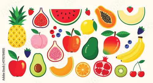 Colorful assortment of fresh fruits and berries including pineapple, watermelon, and avocado