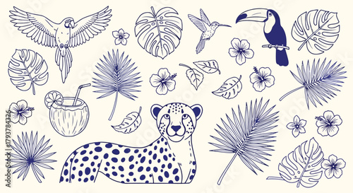 Handdrawn tropical animals and plants collection with cheetah, toucan, and floral elements