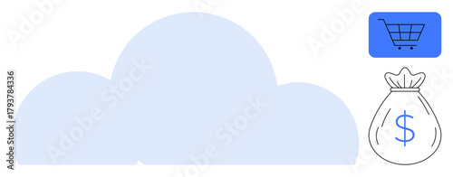 Blue cloud representing technology, shopping cart box, and money bag illustrating online retail, finance, payment, and connectivity. Ideal for e-commerce, cloud computing, fintech business