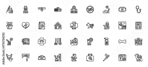Veterinary icon set. Pet care vector icons. Includessymbols for vaccine, dog, tethoscope, pet food, hosptal, puppy, healthcare andmore. Editable stroke.