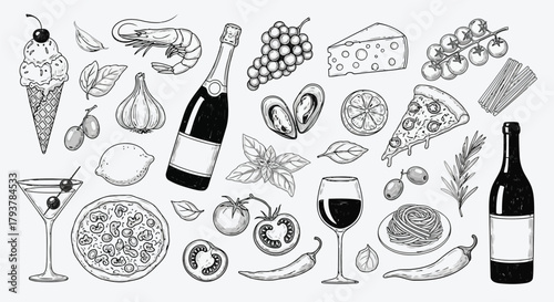 Handdrawn collection of food, wine, and dessert illustrations with black outlines