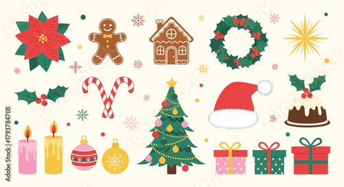 Colorful christmas icons and holiday decorations including gingerbread, wreath, and gift boxes