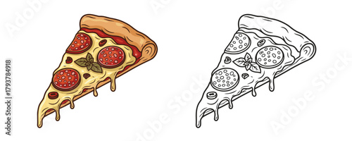 Vector illustration of a delicious slice of pepperoni pizza with melting cheese and basil, shown in color and black outline