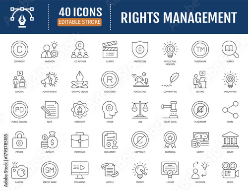Rights management icon set. Vector Illustration with Editable Strokes