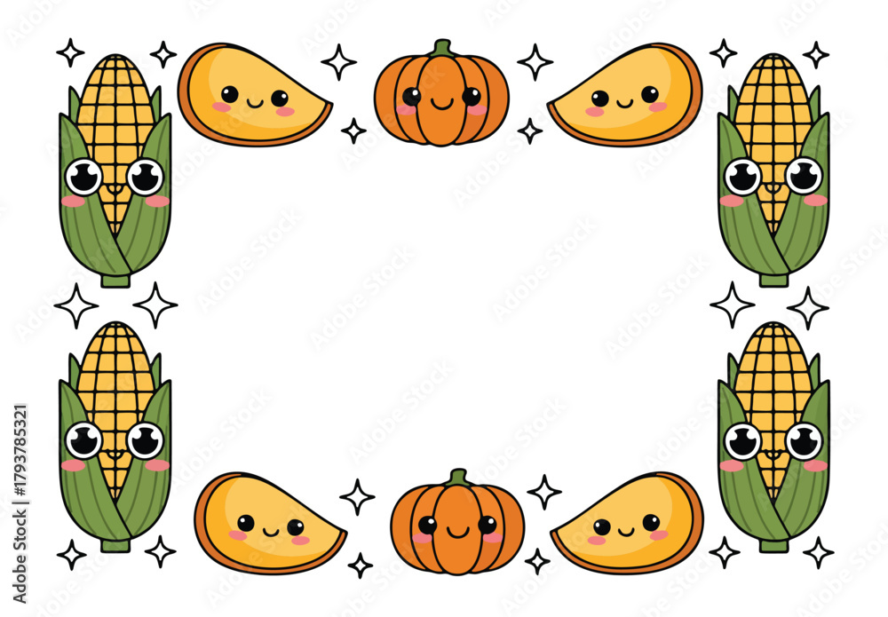 Naklejka premium Kawaii Thanksgiving Frame Vector Illustration with Corn and Pumpkin Border