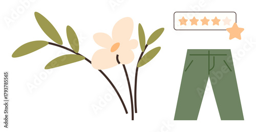 Delicate flower stems with green leaves, green pants, and a five-star review graphic. Ideal for eco-fashion, sustainability, nature, rating systems, ecommerce minimalism stylish visuals. Simple
