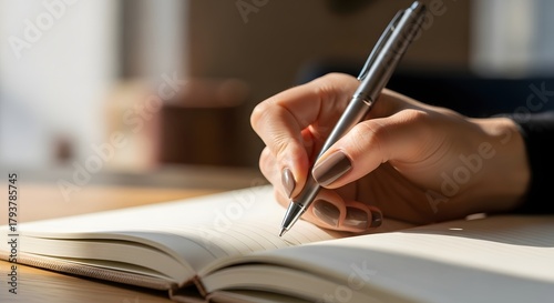 Close-up of a persons hand writing in a notebook with a pen.