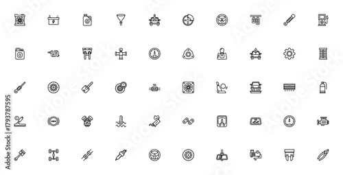 Car engine icon set. Vector automotive parts collecton. Includes symbols for bttery, radiator, pistons, ransmission, turbo, suspenion, wheels and more. Editble stroke.