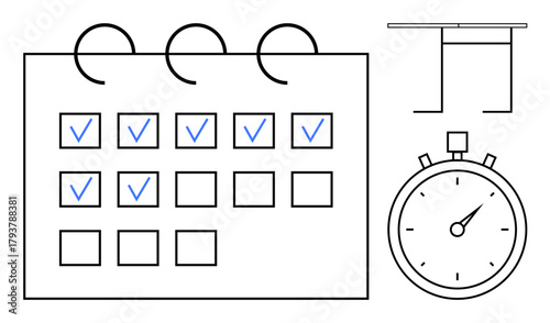 Calendar with checked tasks, ticking stopwatch, and board for project organization. Ideal for time management, productivity, planning, deadlines, teamwork organization task tracking. Simple flat