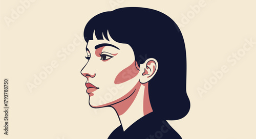 Elegant woman with short dark hair gazes thoughtfully in a stylized vector portrait on transparent background