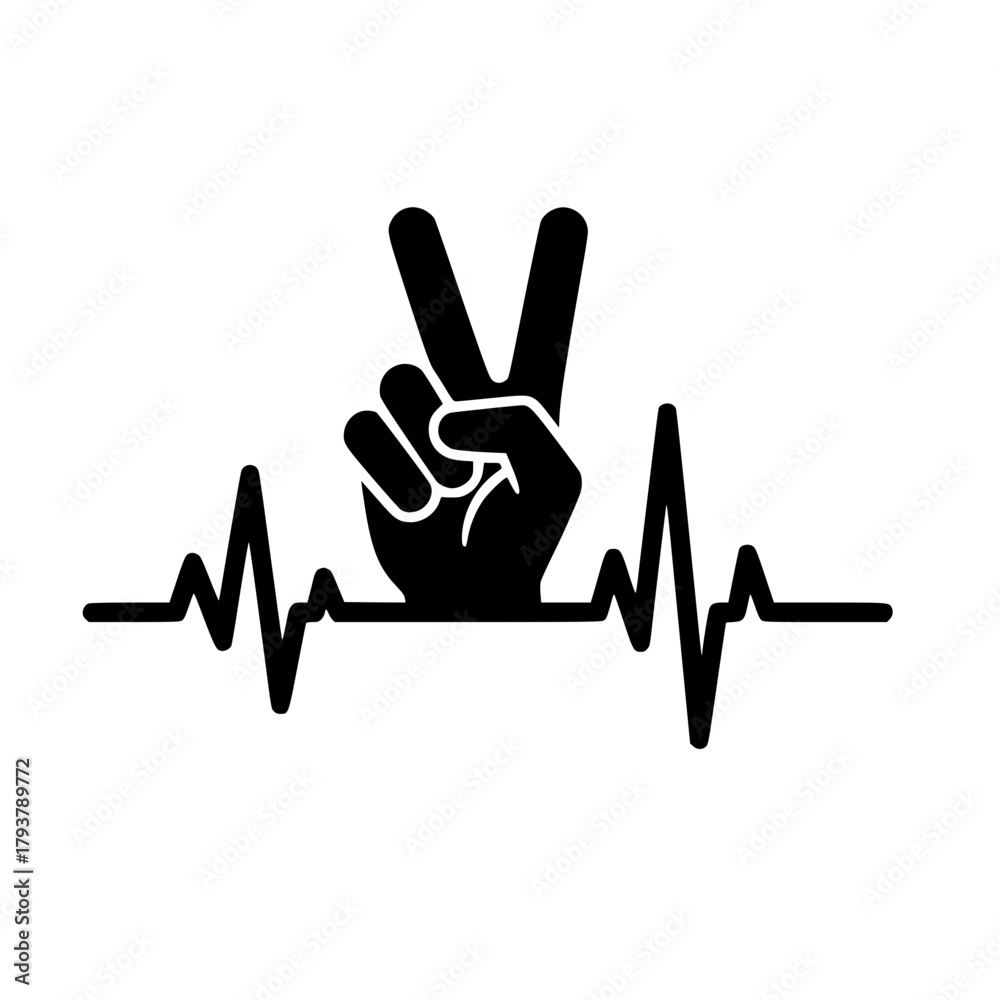 Fototapeta premium A stylish illustration of a hand peace sign, intertwined with a rhythmic heartbeat, embodying the spirit of tranquility and resilience, and harmony. vector illustration