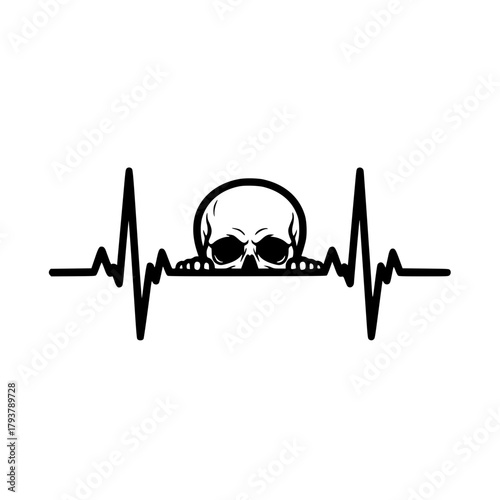 A dramatic heartbeat line features a skull that peering over the line, symbolizing life, death, and the essence of existence. vector illustration