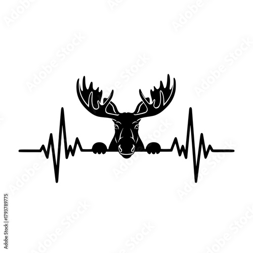 An elegant moose with magnificent antlers is artfully integrated within a vital heartbeat, visually conveying themes of life and wilderness.  vector illustration
