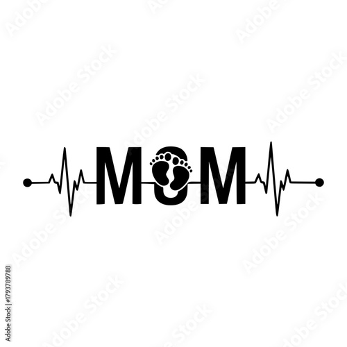 A poignant design celebrating motherhood, featuring the word MOM elegantly incorporated within a heartbeat line, symbolizing the unbreakable bond between a mother and her child. vector illustration