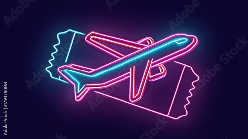 Glowing neon sign depicting an airplane superimposed over two travel boarding passes against a dark background