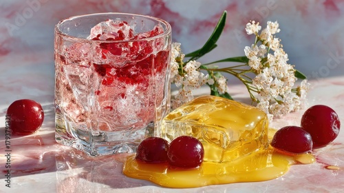 Crushed ice, jelly cube, & cherries reflect on marble with floral garnish