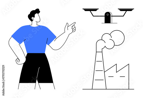 Person gestures toward flying quadcopter and industrial factory with chimney smoke. Ideal for technology, environment, industry, automation, innovation, sustainability, decision-making. A simple flat