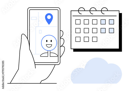 Hand holding smartphone with smiling face icon and location pin, calendar for scheduling, and cloud icon. Ideal for planning, organization, travel, productivity, technology, events minimal flat