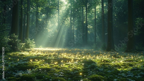 Sunbeams illuminate magical forest floor with glowing fireflies.