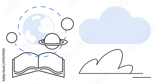 Earth and planets orbit above an open book, cloud and sky accentuate abstract learning, creativity, and futuristic potential. Ideal for education, storytelling, global ideas, nature, imagination