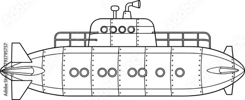 Submarine, black and white, line drawing, schematic illustration, underwater vessel, conning tower, portholes, propeller, fins, railing, periscope, silhouette, marine, ocean, military, naval, 