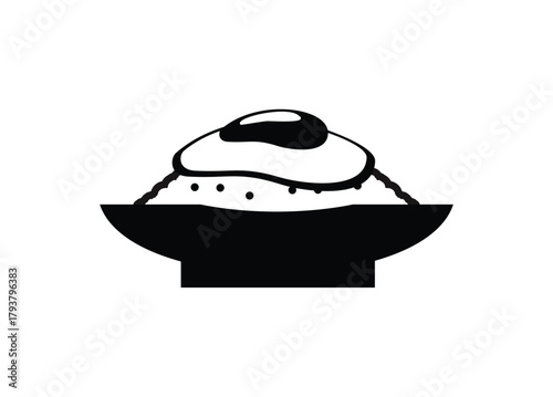 Rice on a plate with fried egg topping. Simple illustration in black and white.